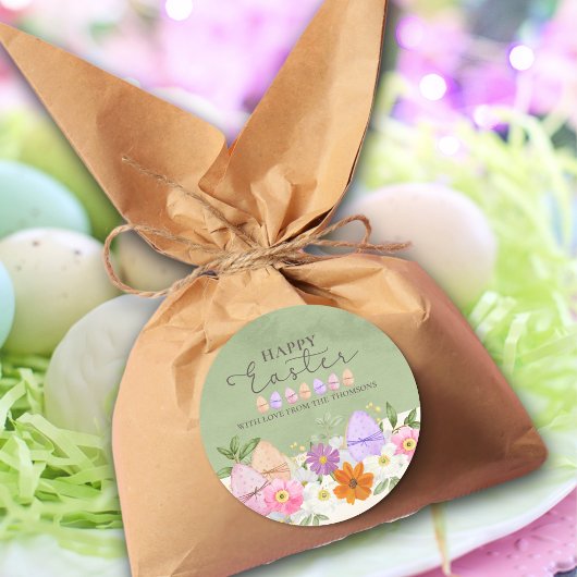Elegante Grüne Pastel Wildblumen Happy Oaster Runder Aufkleber
