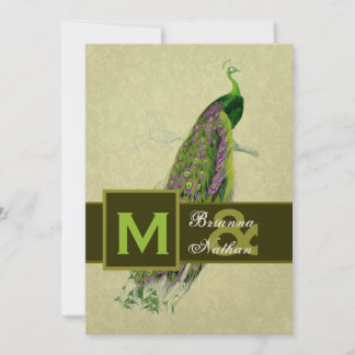 Elegante grüne Pfauen-Metall-Hochzeit Einladung
