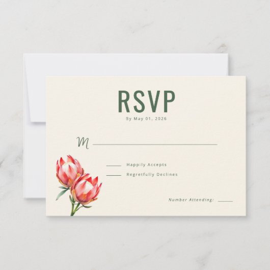 Elegante Grüne Protea-Blumen RSVP Karte (Vorderseite)