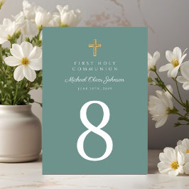 Elegante grüne religiöse Cross Boy Erste Kommune Tischnummer