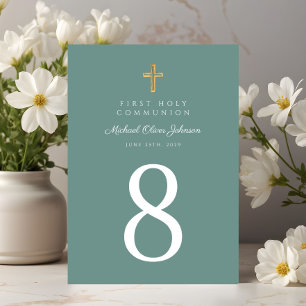 Elegante grüne religiöse Cross Boy Erste Kommune Tischnummer