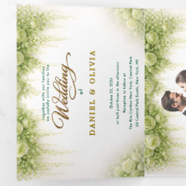 Elegante grüne Rose Botanisch Gold Overlay Foto Dreifach Gefaltete Einladung