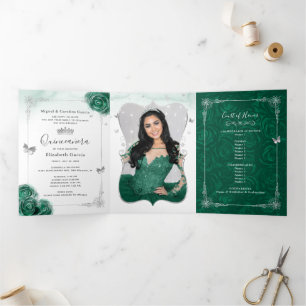 Elegante grüne Rose Silber Quinceanera Foto Dreifach Gefaltete Einladung