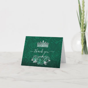 Elegante Grüne Rose Silberne Krone Aquarell Gefalt Dankeskarte