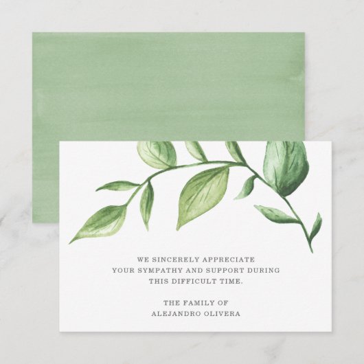 Elegante Grüne Rustikale Beerdigung Dankeskarte (Vorne/Hinten)