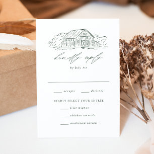 Elegante grüne rustikale Scheunenhochzeitsmahlzeit RSVP Karte