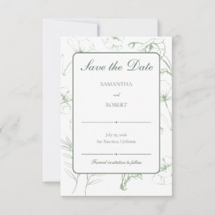 Elegante grüne Salbei-Blumen-Linienkunst-Hochzeit Save The Date