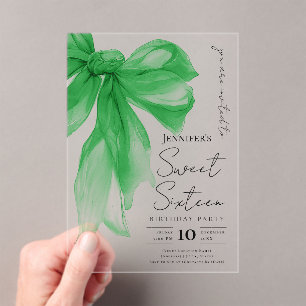 Elegante Grüne Schleife Coquette Schrift Süße 16-P Acryleinladungen