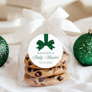 Elegante grüne Schleife Weihnachten Baby Shower Runder Aufkleber