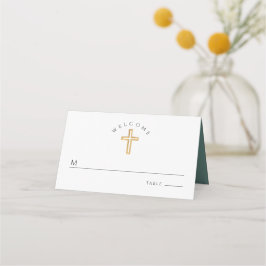 Elegante grüne Schrift Kreuz Erste heilige Kommuni Platzkarte