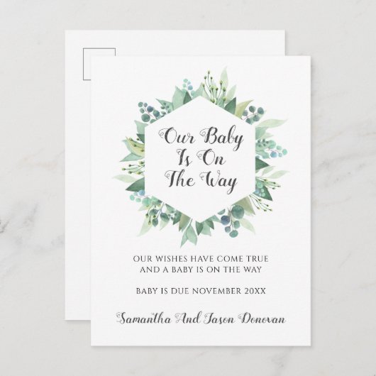 Elegante Grüne Schwangerschaft Ankündigung Postkar (Vorne/Hinten)
