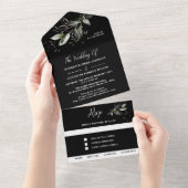 Elegante grüne Schwarze Botanische Hochzeit All In One Einladung (Abreißen)