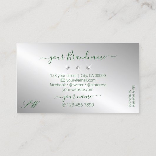 Elegante Grüne Silber-Sparkling-Diamanten-Initiale Visitenkarte (Rückseite)