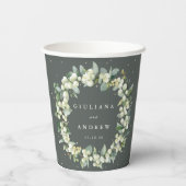 Elegante grüne Snowberry+Eucalyptus Wreath Wedding Pappbecher (Rückseite)