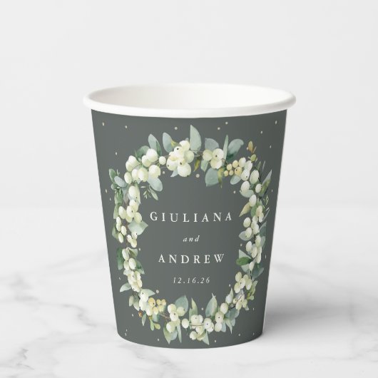 Elegante grüne Snowberry+Eucalyptus Wreath Wedding Pappbecher (Rückseite)