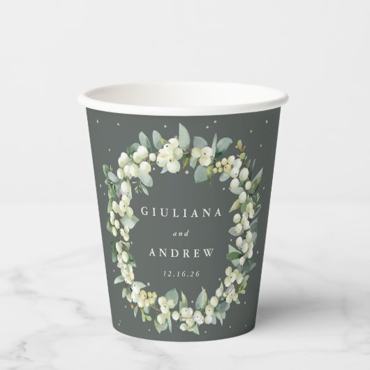 Elegante grüne Snowberry+Eucalyptus Wreath Wedding Pappbecher (Vorderseite)