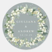 Elegante grüne Snowberry+Eucalyptus Wreath Wedding Runder Aufkleber (Vorderseite)