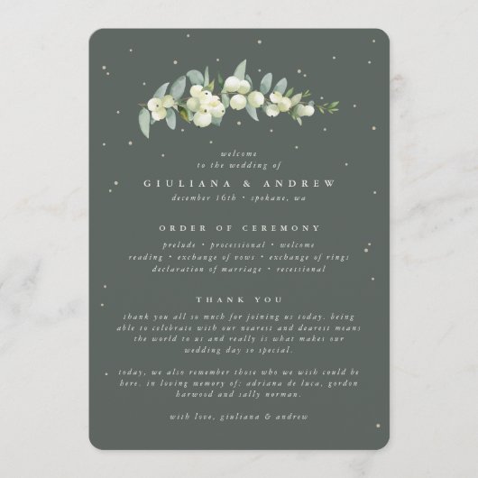 Elegante grüne Snowberry+Eukalyptus Stem Wedding Programm (Vorderseite)