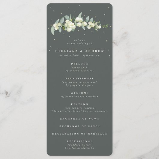 Elegante grüne Snowberry+Eukalyptus Stem Wedding Programm (Vorderseite)