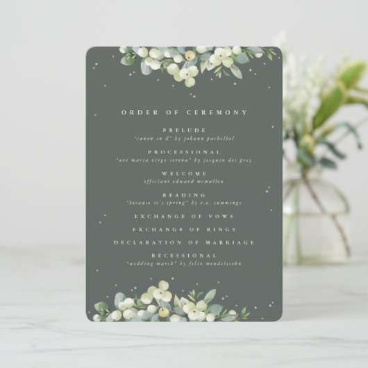 Elegante grüne Snowberry+Eukalyptus Winter Wedding Programm (Stehend Vorderseite)