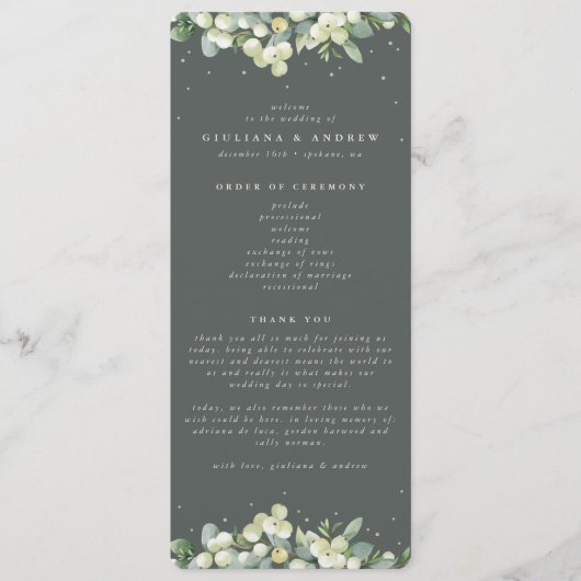 Elegante grüne Snowberry+Eukalyptus Winter Wedding Programm (Vorderseite)