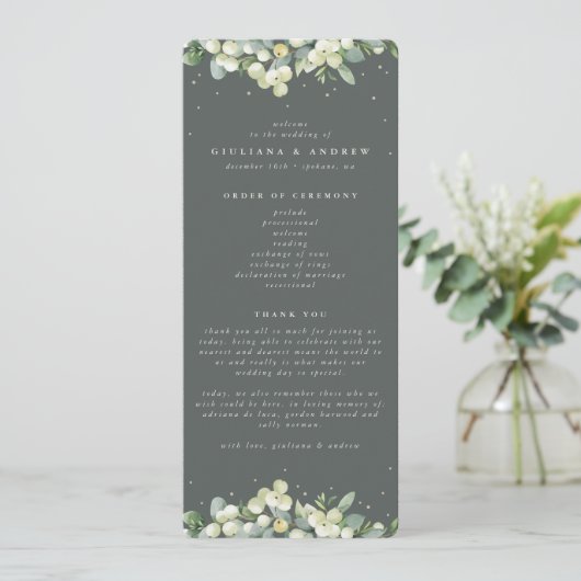 Elegante grüne Snowberry+Eukalyptus Winter Wedding Programm (Stehend Vorderseite)