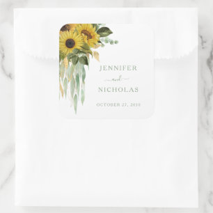 Elegante grüne Sonnenblumen Hochzeit Quadratischer Aufkleber