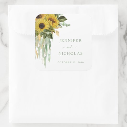 Elegante grüne Sonnenblumen Hochzeit Quadratischer Aufkleber (Tasche)
