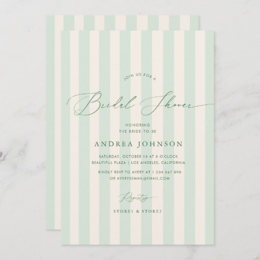 Elegante grüne Streifen Brautdusche Einladung (Vorne/Hinten)