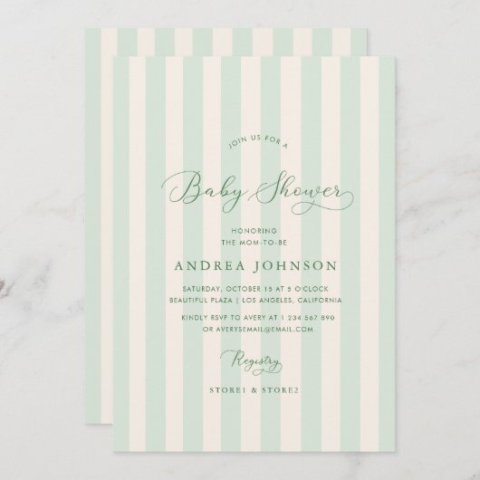 Elegante grüne Streifen Gender Neutral Baby Dusche Einladung (Vorne/Hinten)