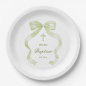 Elegante grüne Taufe mit Schleife Pappteller (Vorderseite)