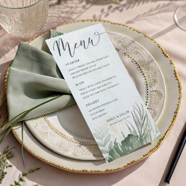 Elegante grüne tropische Aquarell-Hochzeit Menükarte