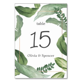 Elegante grüne tropische Pflanzen. Naturhochzeit Tischnummer