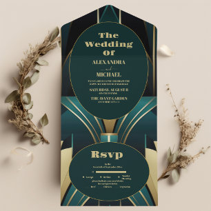 Elegante grüne und goldene Art Deco Hochzeit All In One Einladung