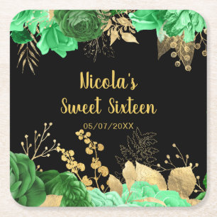 Elegante grüne und goldene Blumen Sweet Sixteen Rechteckiger Pappuntersetzer