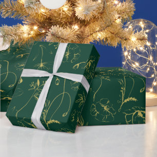 Elegante grüne und goldene botanische Linienkunst Geschenkpapier