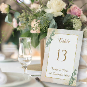 Elegante grüne und goldene Foto-Hochzeitstisch-Num Sockelschild