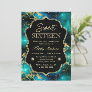 Elegante grüne und goldene Galaxie-Marmor-Sweet Si Einladung