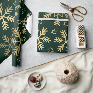 Elegante grüne und goldene Schneeblumen Weihnachte Geschenkpapier