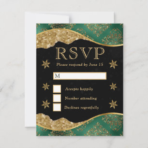 Elegante grüne und goldene Schneeflocken-Hochzeit RSVP Karte