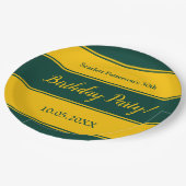 Elegante grüne und goldene Streifen Moderne Geburt Pappteller (Schrägansicht)