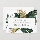 Elegante grüne und goldene tropische Blätter Neue  Ankündigungspostkarte (Vorne/Hinten)