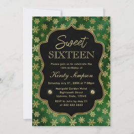 Elegante grüne und goldene Winterschneeflocken Süß Einladung