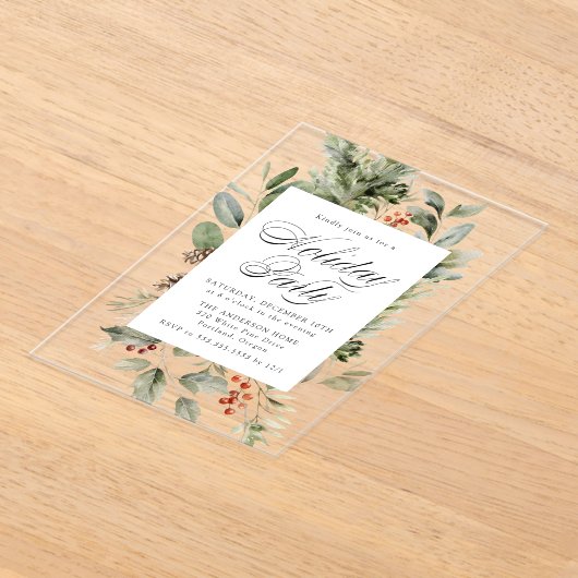 Elegante Grüne und Holly Berries Feierlichkeiten Acryleinladungen (Ablage )