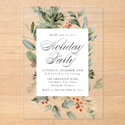 Elegante Grüne und Holly Berries Feierlichkeiten Acryleinladungen (Vorderseite)