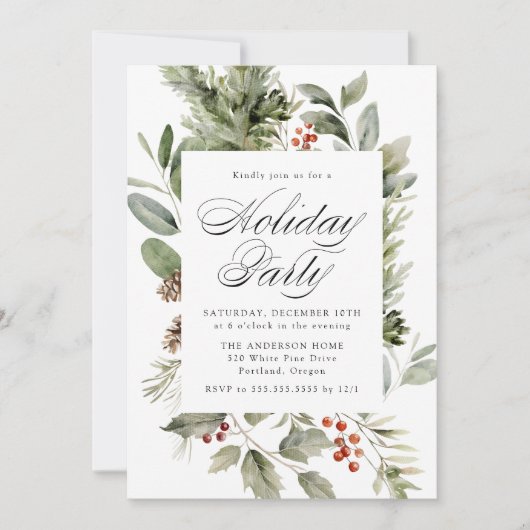 Elegante Grüne und Holly Berries Feierlichkeiten Einladung (Vorderseite)