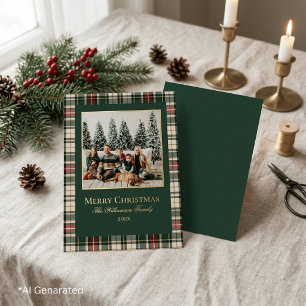 Elegante grüne und rote karierte Weihnachtsfamilie Folien Feiertagspostkarte