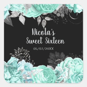Elegante grüne und silberne Blumen Sweet Sixteen Quadratischer Aufkleber