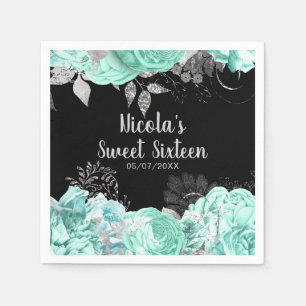 Elegante grüne und silberne Blumen Sweet Sixteen Serviette
