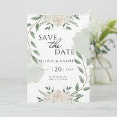 Elegante grüne und weiße Wasserfarbe Save the Date Einladung (Stehend Vorderseite)